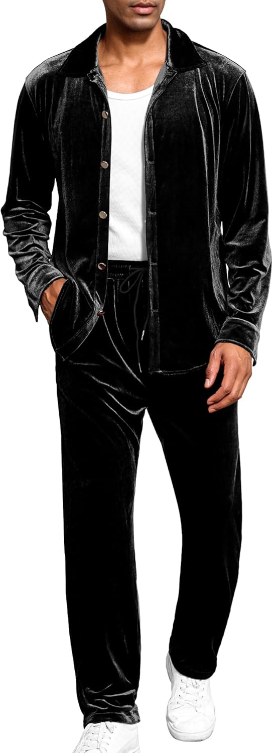 LecGee Men Fall Casual Sets Velvet Long Sleeve Button Down Shirt Elastic Waist Velour Pants 2 Piece Outfits Tracksuit