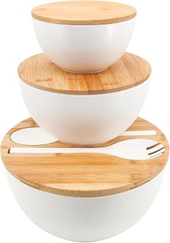 ECOWAY Salad Bowls Set of 3 with Lid & Serving Utensils, Bamboo Fiber Mixing Bowls Set Large Serving Bowls & Storage Set with Bamboo Lid for Salad, Kitchen Eating, Pasta, Popcorn, Chips, Fruit, White
