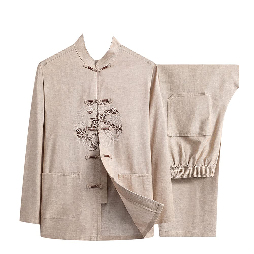 HONGBI Uomini Leggero Primavera e Autunno Abito Tang Ricamato Vestiti Tradizionali Cinesi Completo di Stand Collare Camicia Tai Chi a Maniche Lunghe Uniforme Kung Fu e Pantaloni
