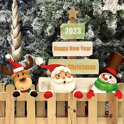 Christmas Theme Fence Decorations, Christmas Yard Fence, Funny Elk, Snowman and Santa Claus, Yard Sign for Garden Fence Decor, Christmas Decorations Outdoor