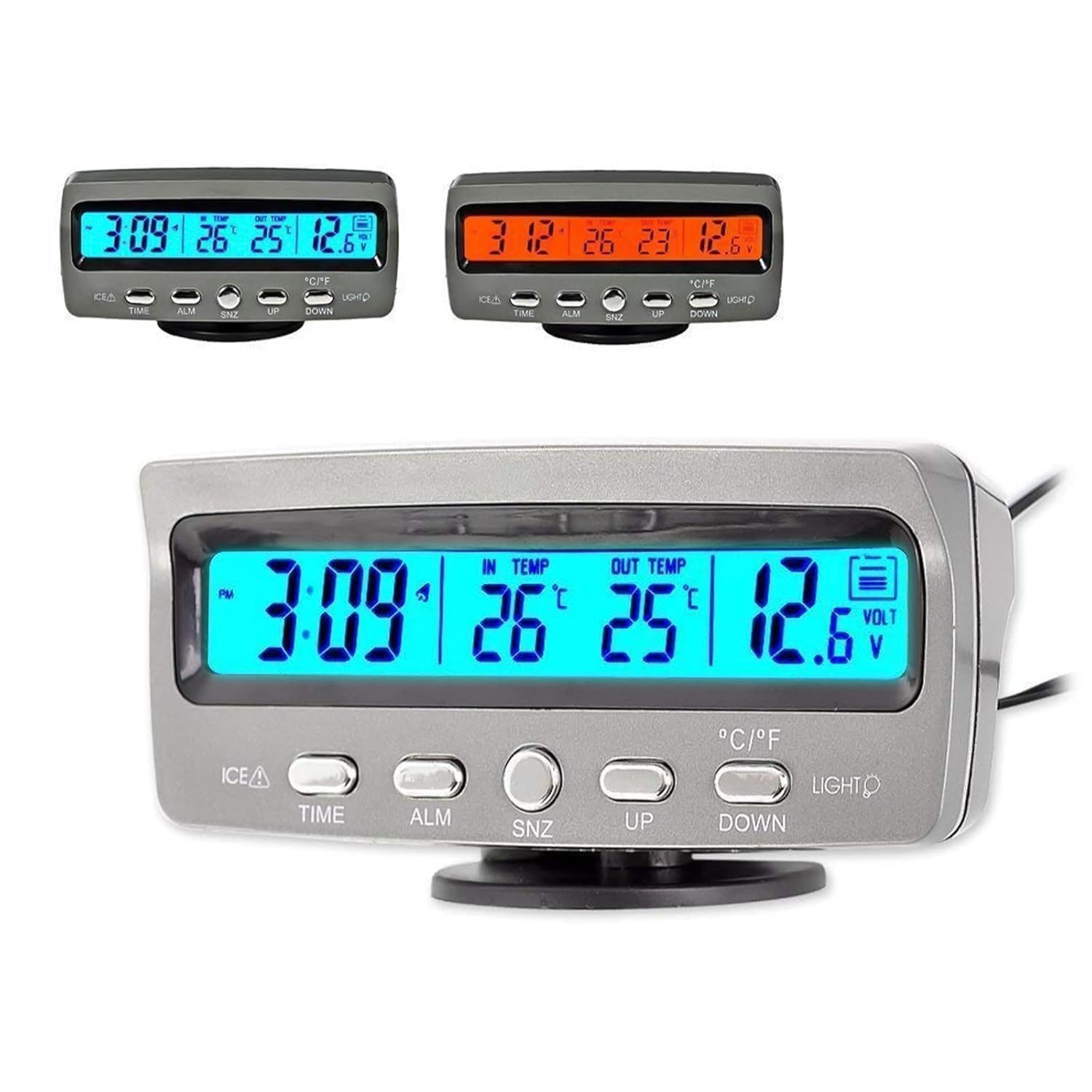 Thermomètre numérique intelligent multifonction pour voiture, thermomètre extérieur Fahrenheit Celsius double écran LCD avec rétroéclairage LED bleu/orange, fonction horloge/calendrier/tension