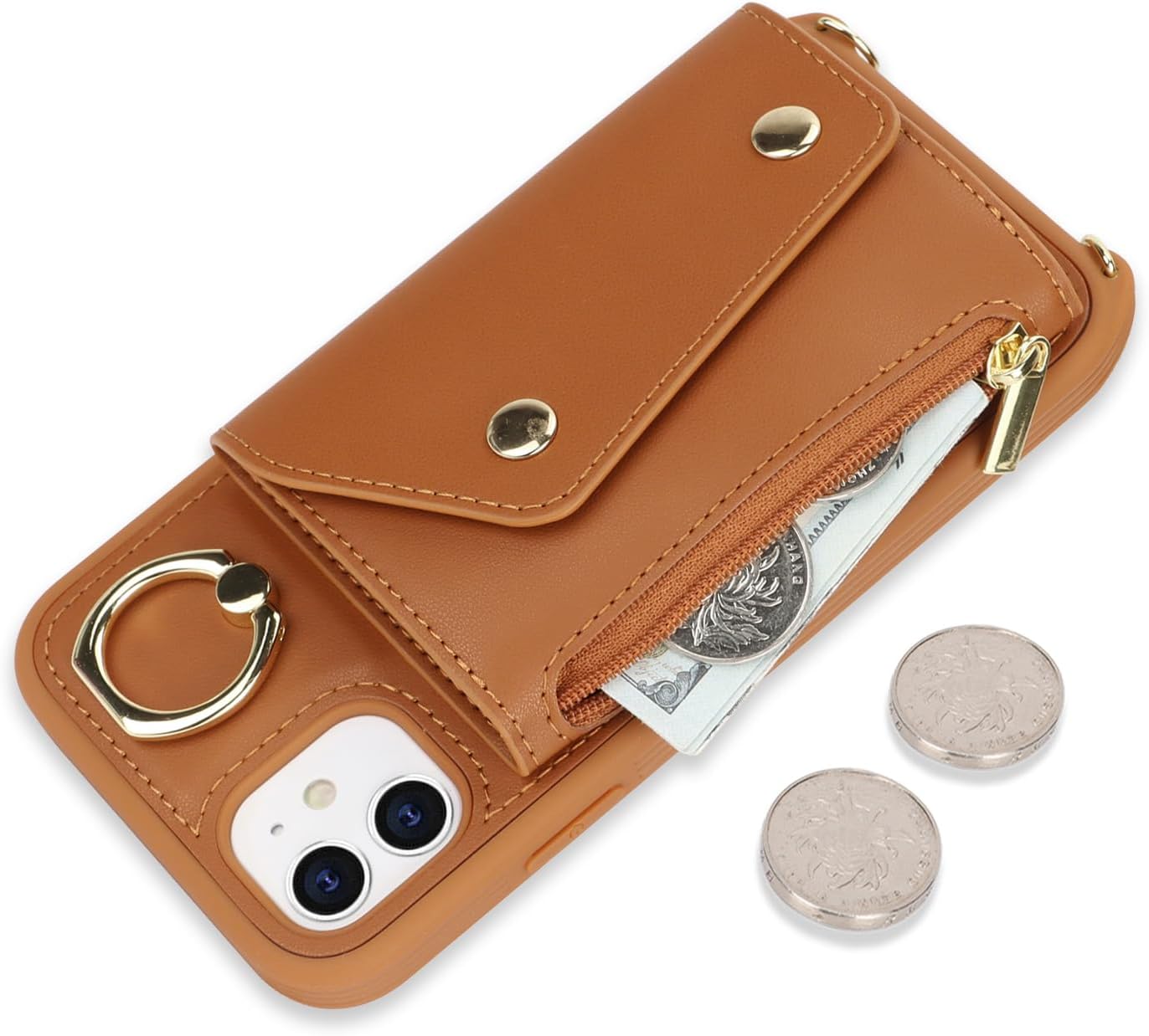 Lipvina for iPhone 12 Case with Card Holder and Strap - Zipper Pocket,Crossbody Lanyard Strap,Credit Card Holder,Stand Ring,Cute Phone Wallet Case for Women(Brown,6.1 Inch)