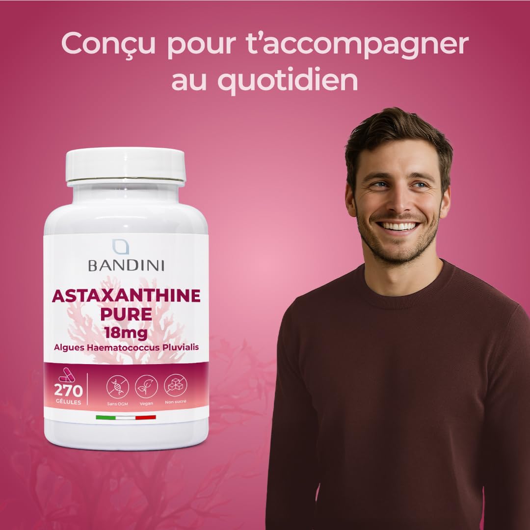 Bandini® Astaxanthine pure 18 mg d'Algue Haematococcus Pluvialis | 270 gélules pour 9 mois | Concentration & Biodisponibilité Élevées | Antioxydant naturel et puissant | Sans Additifs, 100% vegan