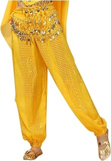 Pantalones calefactables para mujer, pantalones de lentejuelas, danza del vientre, pantalones de danza de danza con cadena en la cintura, pantalones de gasa para mujer, pijama de manga corta