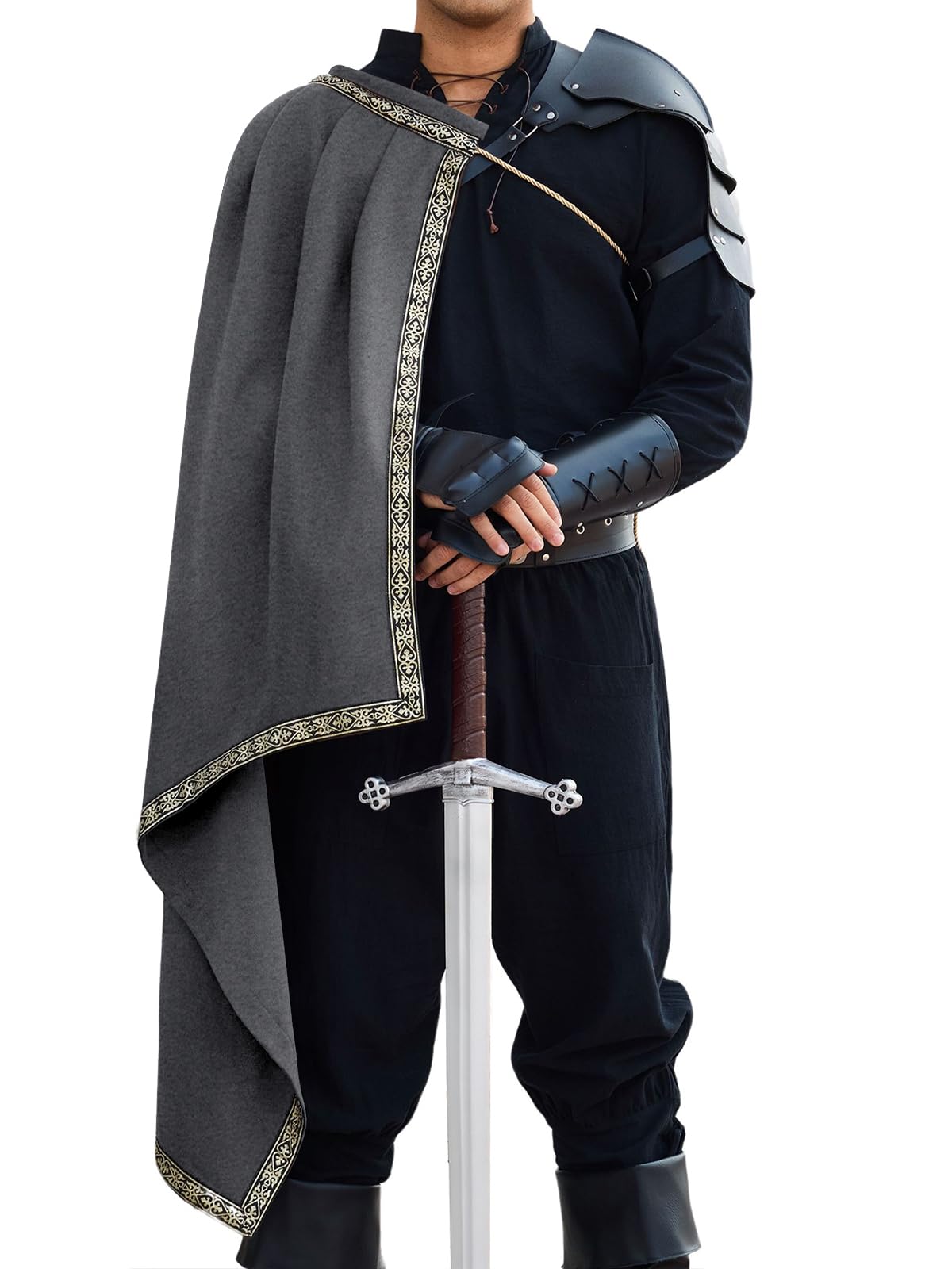 Runcati Mens Renaissance Shawl Half Shoulder Cape Medieval Samurai Cloak LARP Warrior Ren Faire Halloween Costume