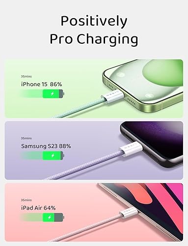 Vista 65 de LISEN Cable USB C, paquete de 3 [3.3/3.3/3.3/3.3 pies] USBC a USBC para iPhone 16e 15 Pro Max, cable de carga rápida de 60 W (3.1 A) C a C