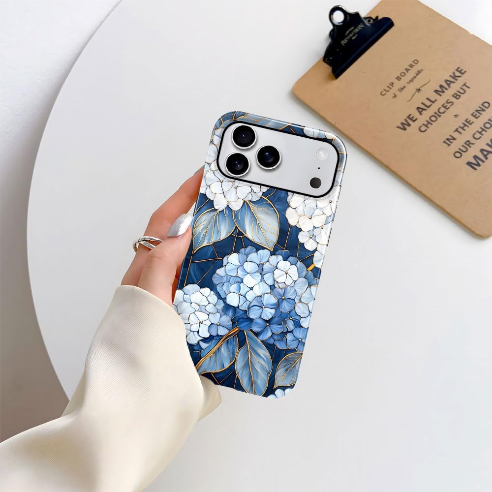 Case Compatible with iPhone 17 Pro Max,Glossy Hybrid 2-Layer Hard Shell,Shockproof Soft for Girl Women,Blue Hydrangea Floral Artful image 5