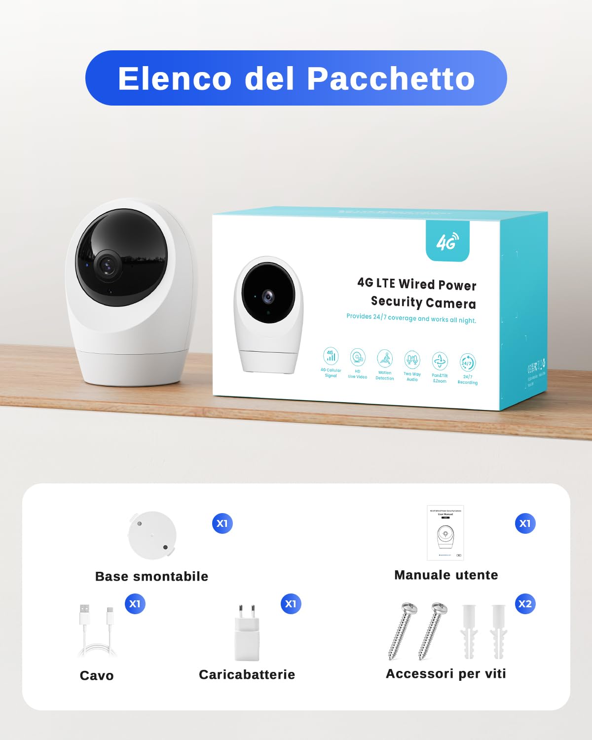 24/7 Registrazione 4G LTE Telecamera Interno con SIM, 2K Videocamera Interno 4g, 360° PTZ Videocamera Sorveglianza Interno, Rilevamento Movimento, Audio 2 Vie