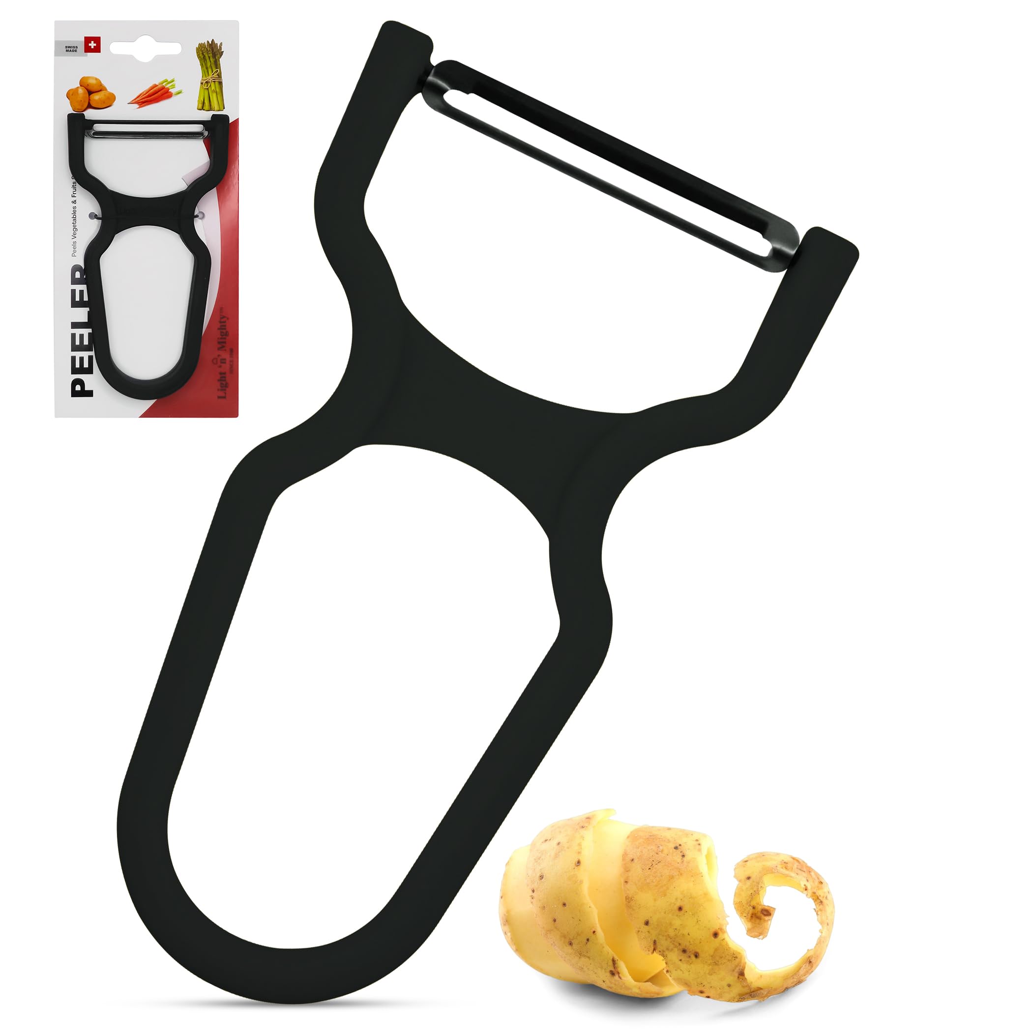 Vegetable Peeler – Handheld Potato Peeler for Kitchen – Anti-Slip Veggie Peeler – Rust Proof Carbon Steel Blade – Ergonomic and Firm Grip Vegetable Peelers for Kitchen - Black Handle Light 'n' Mighty
