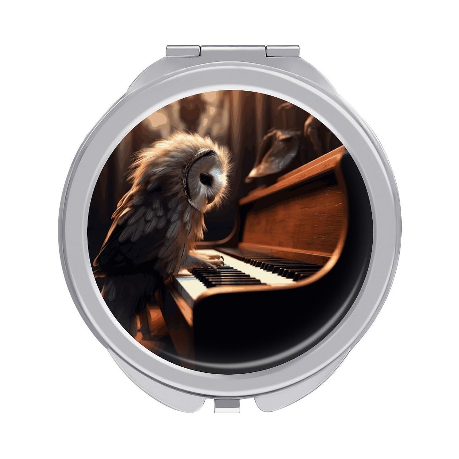 JTREHY Owl Plays Piano Makeup Mirror Portable Folding Mirror Compact Travel Mirrors 2-Sided Round Pocket Mirrors Cute Handheld Beauty Mirror for Handbag Purse for Women Gift