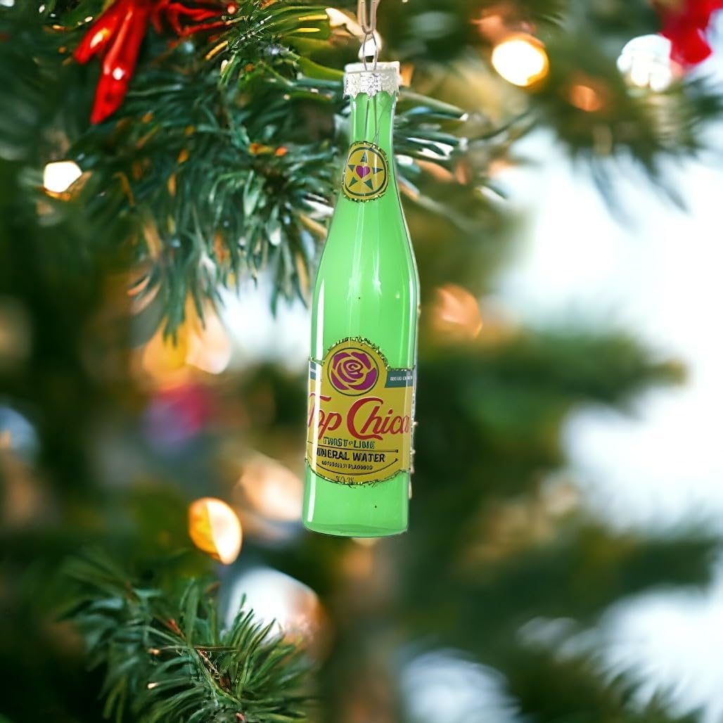 Cody Foster & Co Top Chica Mineral Water Bottle Ornament, Vibrant Green Glass, Festive Christmas Decor, Unique Collectible - 5 Inches