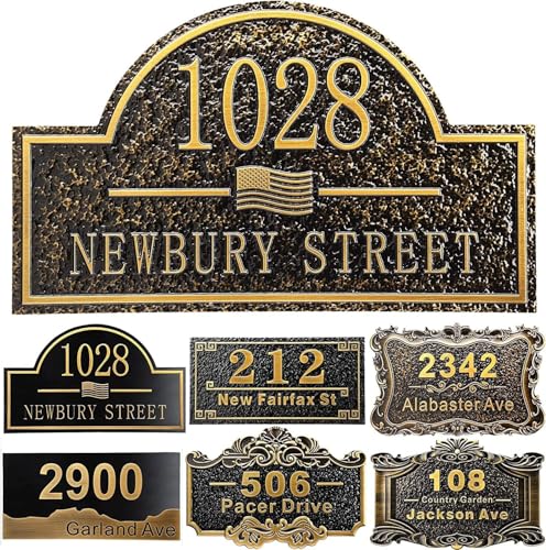 Personalized House Address Plaque 12" Cast Numbers for Outside Custom Street Name Address Sign Plate Vintage for Mailbox Door Room Classic Wall Outdoor Antique Brass