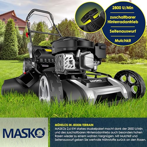 MASKO® Benzin Rasenmäher 5in1 | 51 cm Schnittbreite | 8- fache Schnitthöhenverstellung | 4 Takt OHV Motor 6,0 PS | 65 Liter Fangkorb| Inkl. Mulch- Kit, Seitenauswurf 4