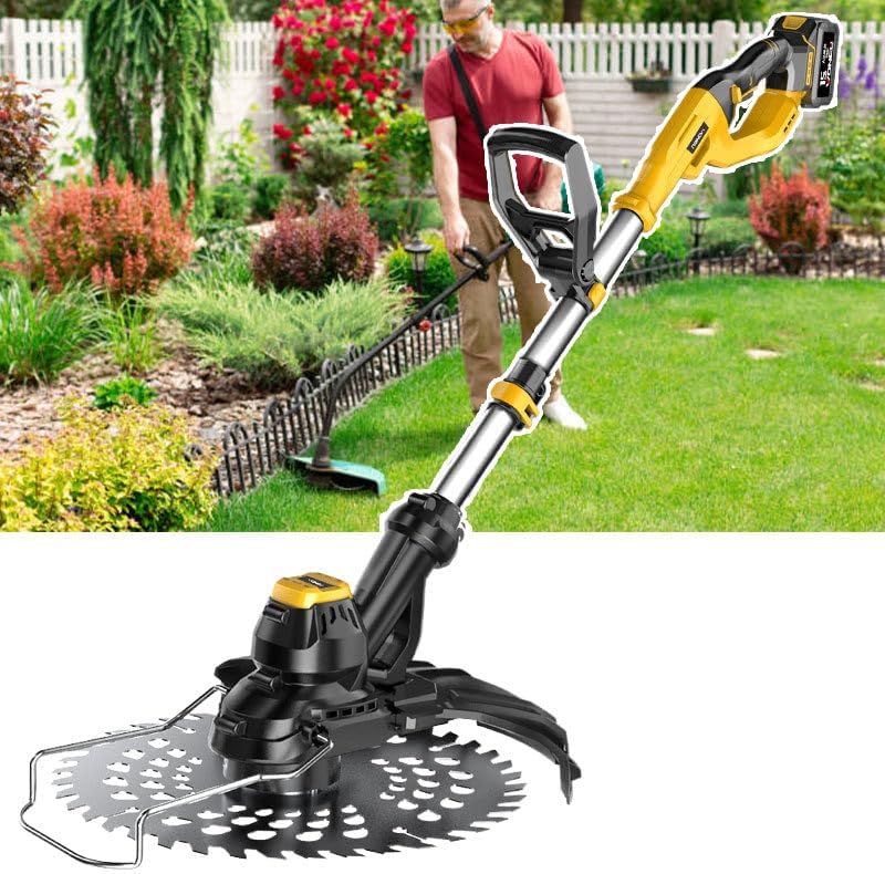 A person operating the WEIMILOR Cordless Brushless Trimmer in a garden.