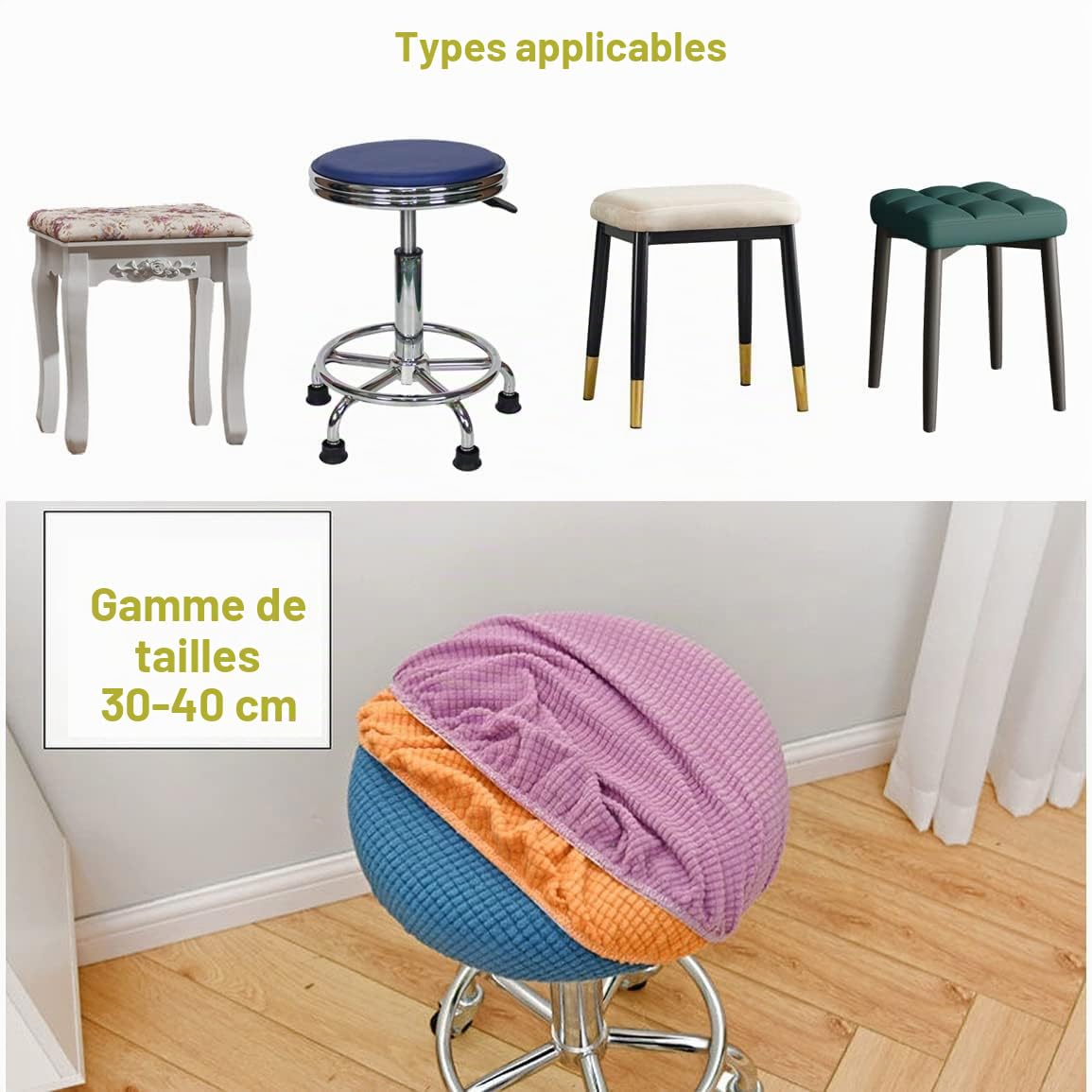 Lot de 2 housses de tabouret rondes, 30 à 40 cm, élastiques, lavables et faciles d'entretien, douces et durables, pour pouf rond ou carré, blanches