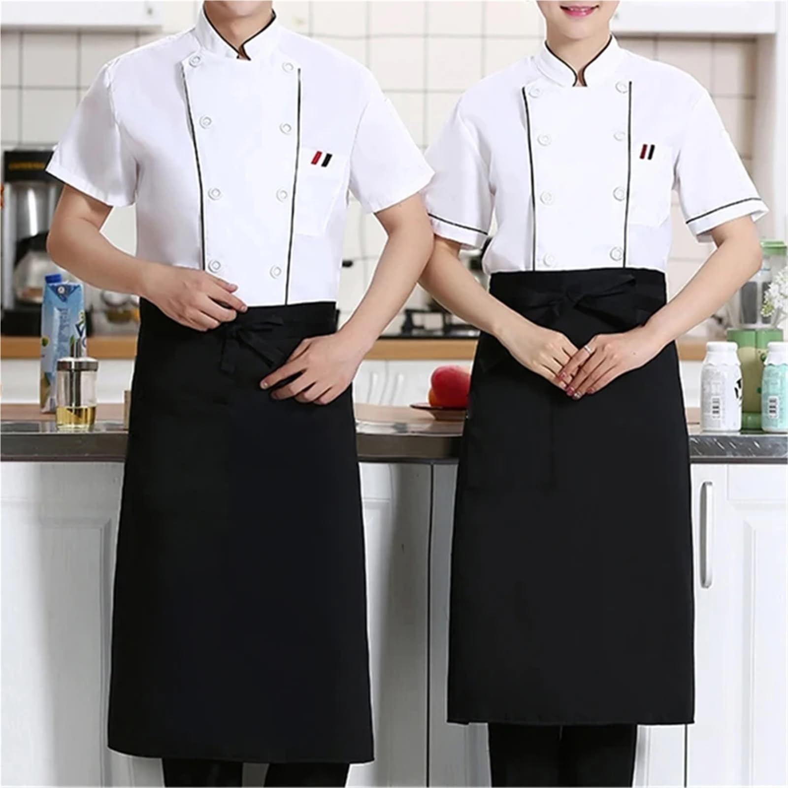 Küchen-Kochschürze, gestreift, kariert, halblange Schürze mit kurzer Taille und Tasche, Catering, Chef, Kellner, Barschürze für Restaurant
