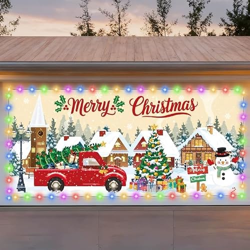 tmlfep Christmas LED Garage Door Cover Decoration,13 X 5.9 ft with LED String Lights Large Christmas Garage Door Decorations Outdoor Winter Snowman Banner Garage Door Backdrop