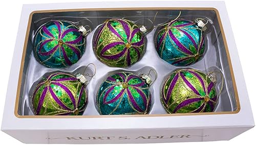 Miniatura 6 de Kurt S. Adler Kurt Adler - Bola de Navidad de cristal de 3.150 in, 6 piezas, color azul, verde, dorado, morado, 6 unidades