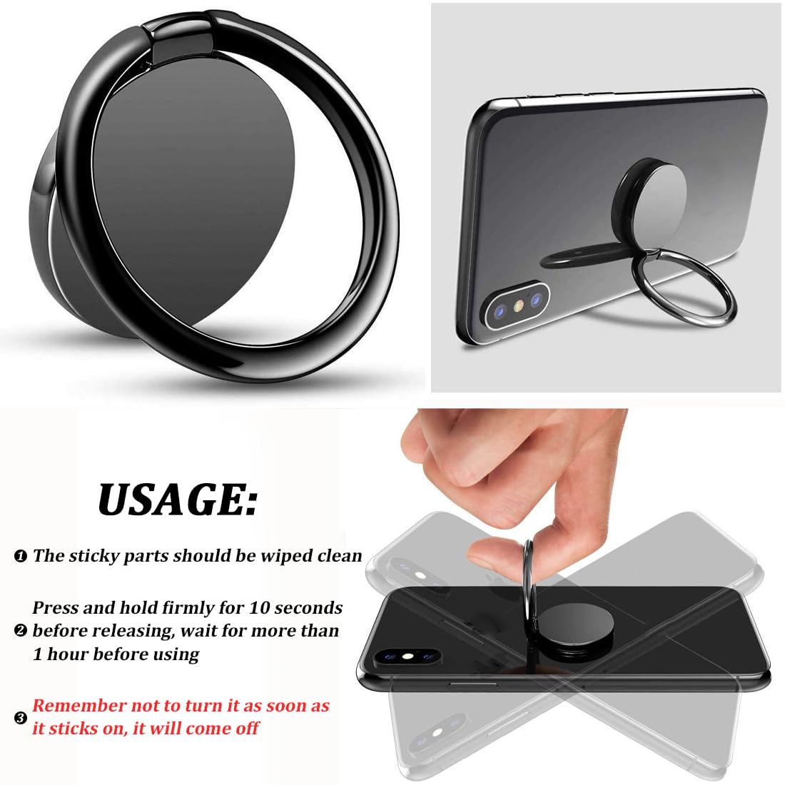 2 Pezzi Anello Supporto Telefono, Supporto Telefono Cellulari Rotazione 360° Gradi, per Tutti i Smartphone