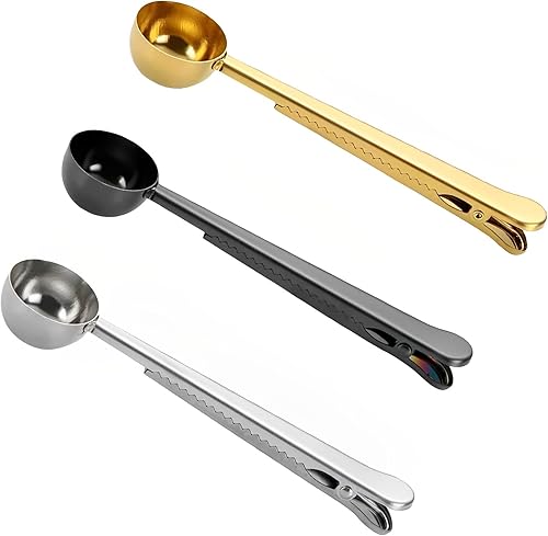 Cuchara de café molido con clip para bolsa para café té, 1 cucharada de café de acero inoxidable, juego de 3 (3 unidades, plateado, negro, dorado)