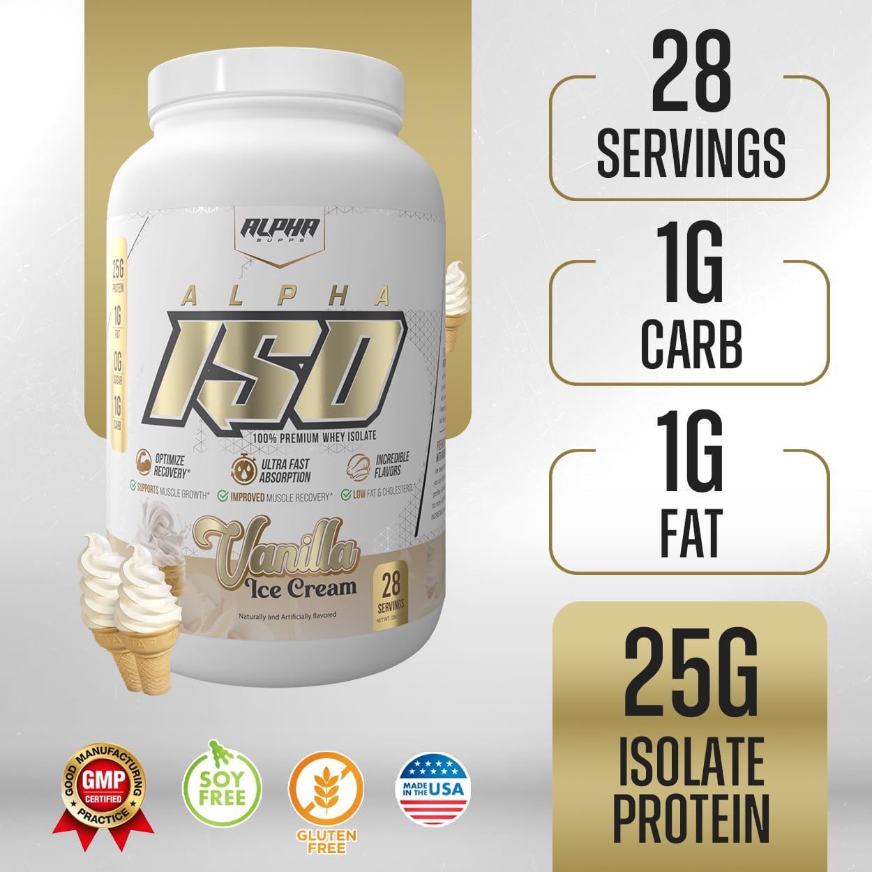 Alpha Supps ISO, Low Carb 100% Whey Protein Isolate Powder, 25 Grams Per Serving, Helps Support Muscle Growth, Low Sugar and Gluten Free (Vanilla Ice Cream, 2 lb)
