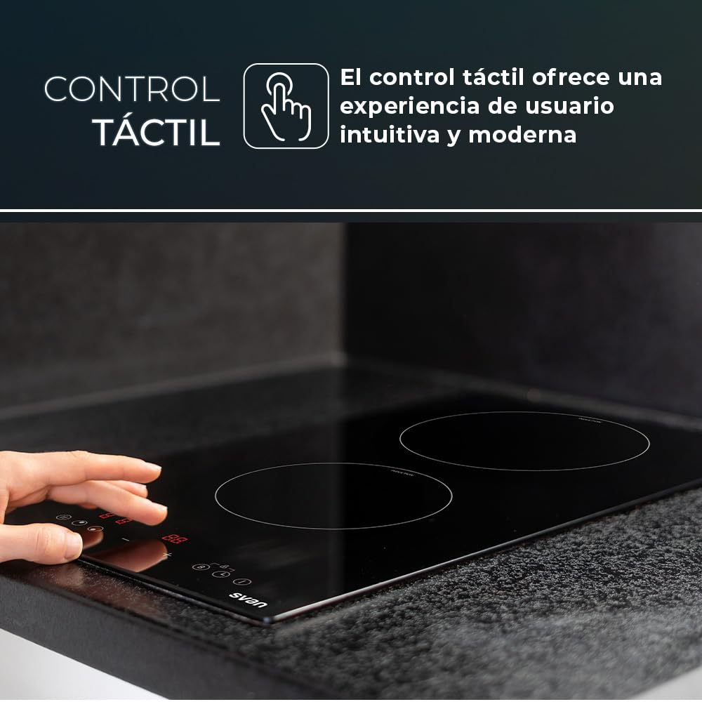 Svan Placa de Inducción Cristal negro SI2301. Potencia máx. 3500 W, 2 Zonas de Cocción, 9 Niveles de Cocción, Control Táctil, Función Turbo, Bloqueo y Autodesconexión de Seguridad