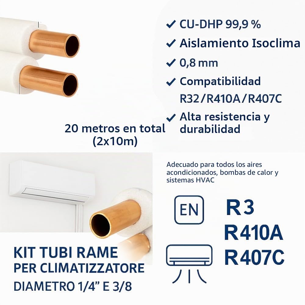 Kit de tubos de cobre para climatizador de 10 + 10 metros, 1/4" + 3/8", grosor de 0,8 mm, aislados, funda ignífuga, certificados EN 12735-1, para aire acondicionado Split R32, R410A, R407C, sin