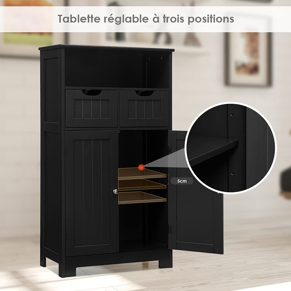 COSTWAY Meuble de Salle de Bain, Armoire de Rangement, Commode avec 2 Tiroirs et 2 Portes, Étagère Réglable, pour Cuisine, Salon 60 x 30 x 109 cm (Noir)