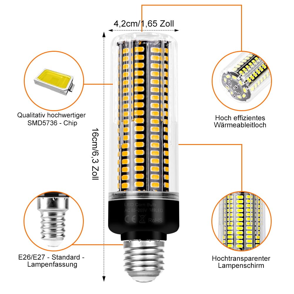 WENNI 6Stück E27 Glühbirnen Mais LED Lampe 3000K Warmweiss 15W Gemessene Leistung 220V Energiesparend 189Leds Maisbirne 2 Jahre Garantie für Küche Schlafzimmer Wohnzimmer Innenbeleuchtung Leuchtmittel