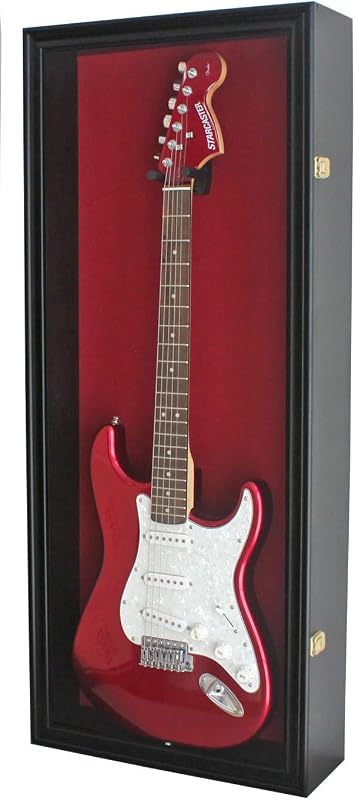 DisplayGifts 42" Electric Guitar Display Case Cabinet Shadow Box with Guitar Hanger Stand, Lockable UV Protection Red Felt Interior with Black Finish Frame