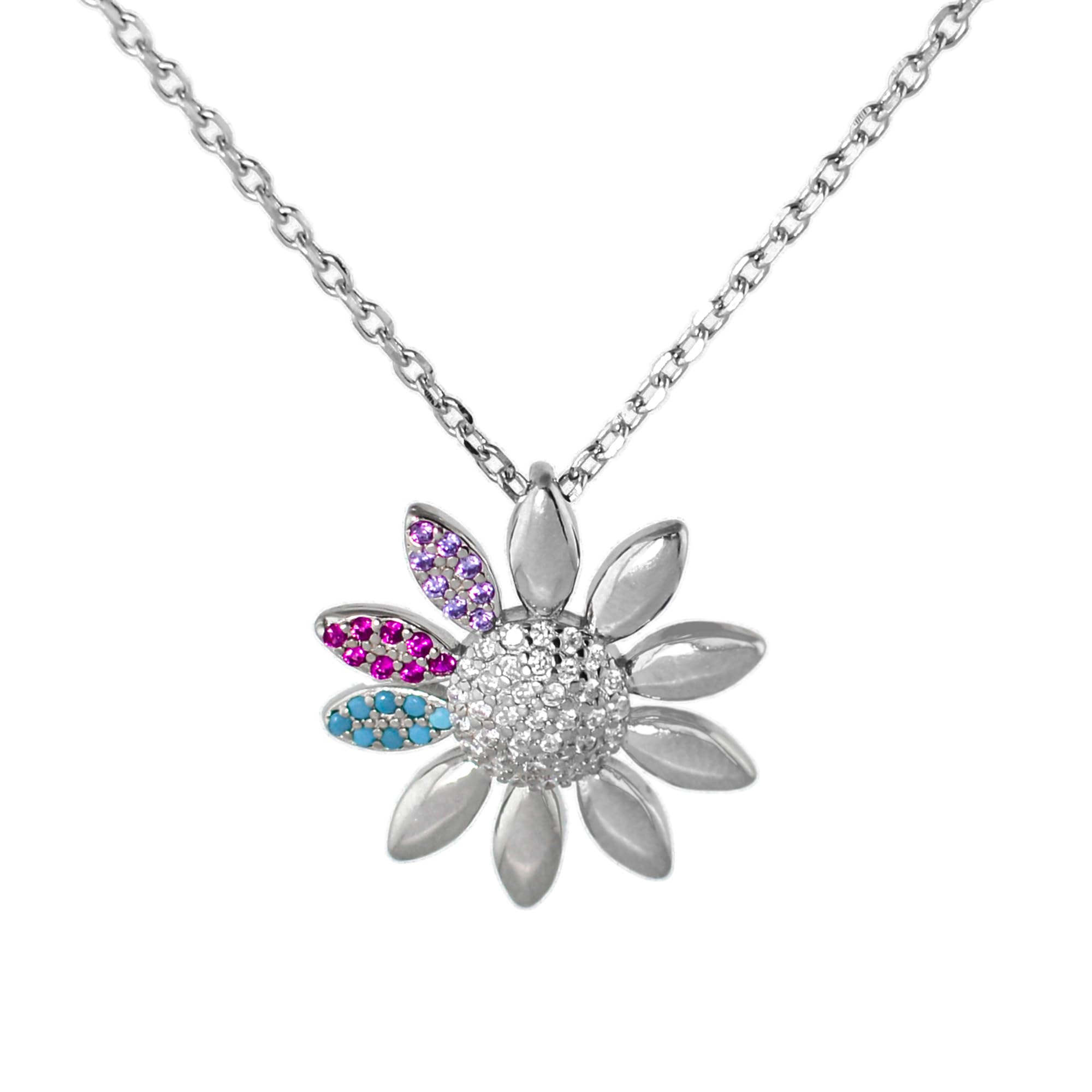 GenericSwiss- 925 Sterling Silver sunflower shaped Necklace platinum plated with turquoise, ruby stones