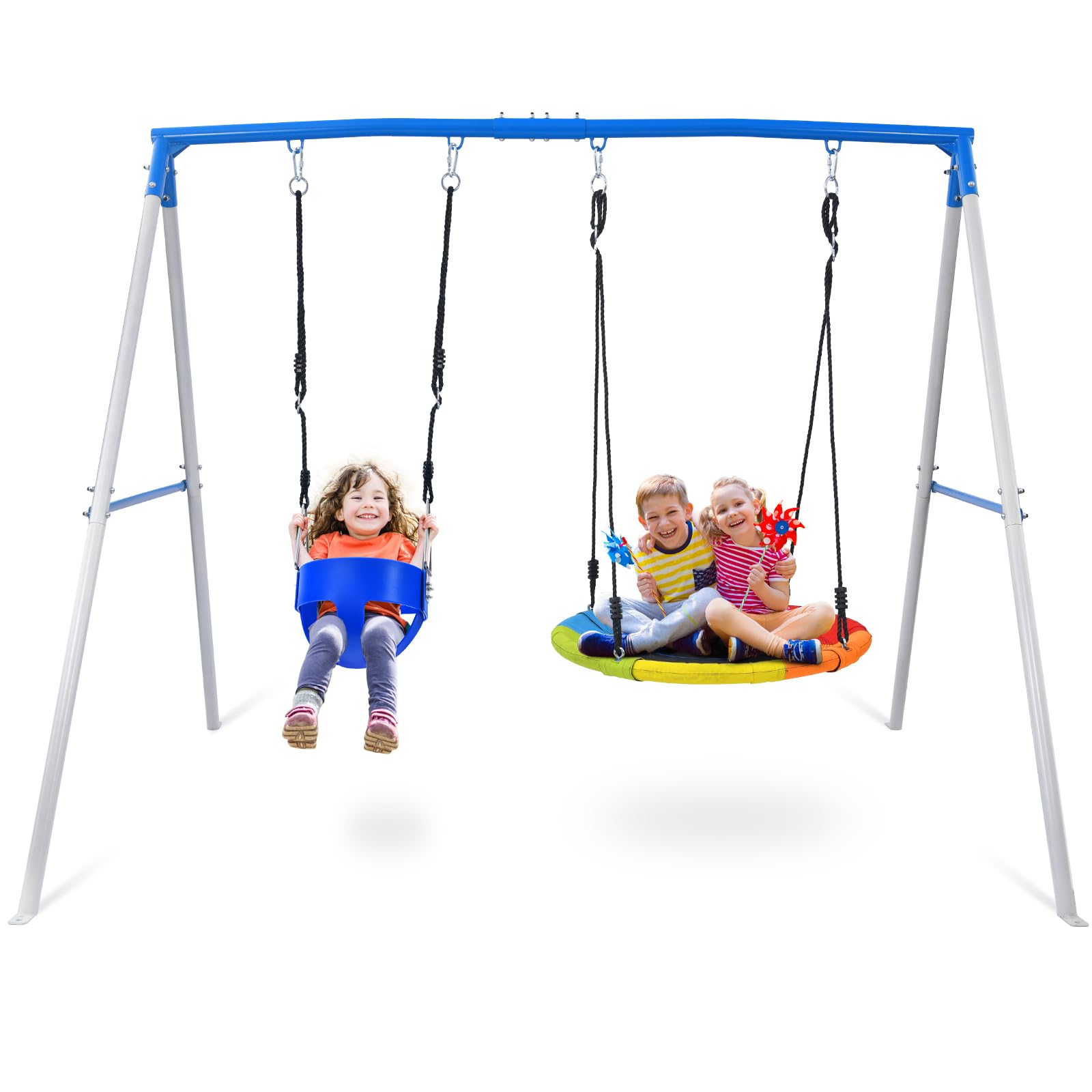 Trekassy Swing Set for Backyard, 440lbs Heavy Duty A-Frame Metal Swing Stand with 1 Saucer Swing and 1 Toddler Swing, Outdoor Kids Play Equipment for Playground, Playset