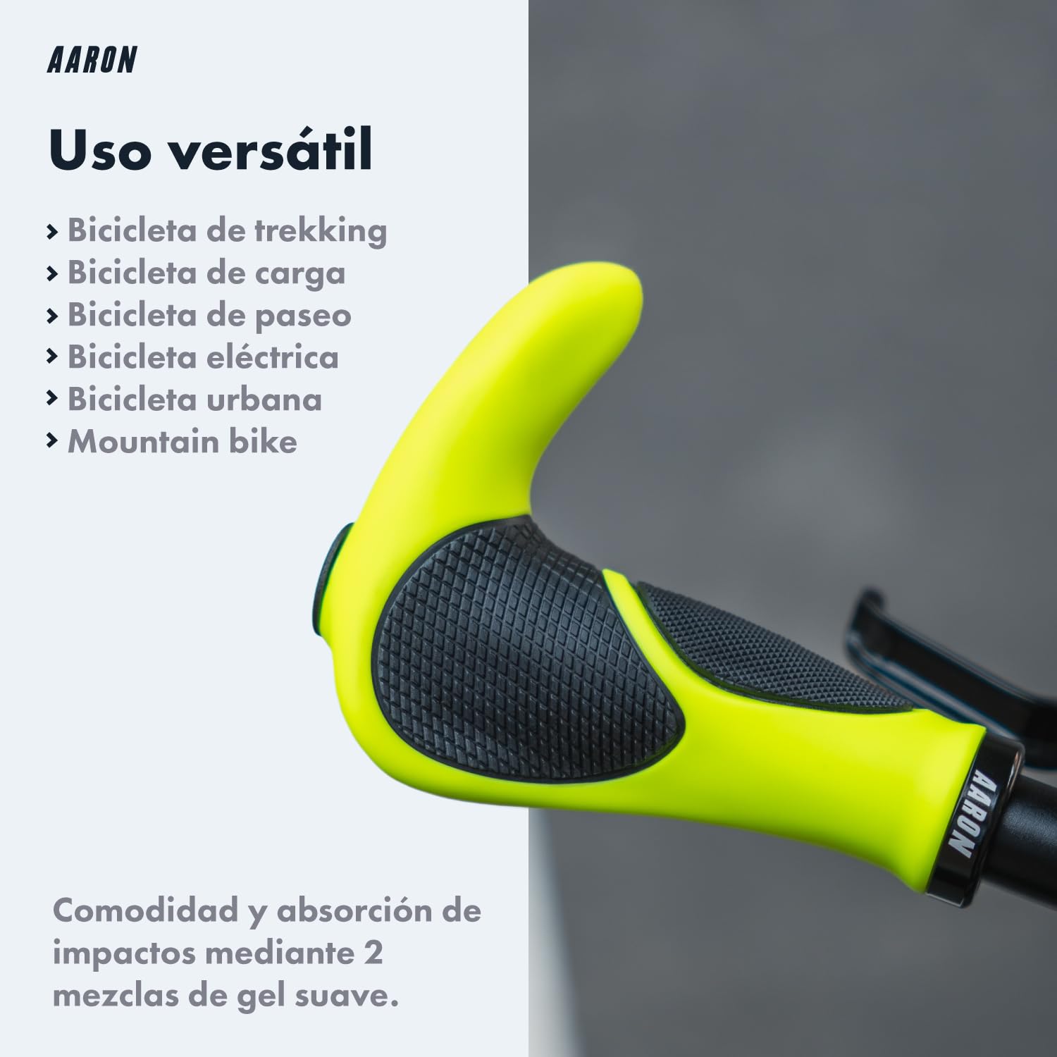 AARON Horn - Puños de Gel con acoples y amortiguación - Diseño ergonómico Antideslizante - para bicis utilitarias, eléctricas, de Trekking y de montaña - Negro