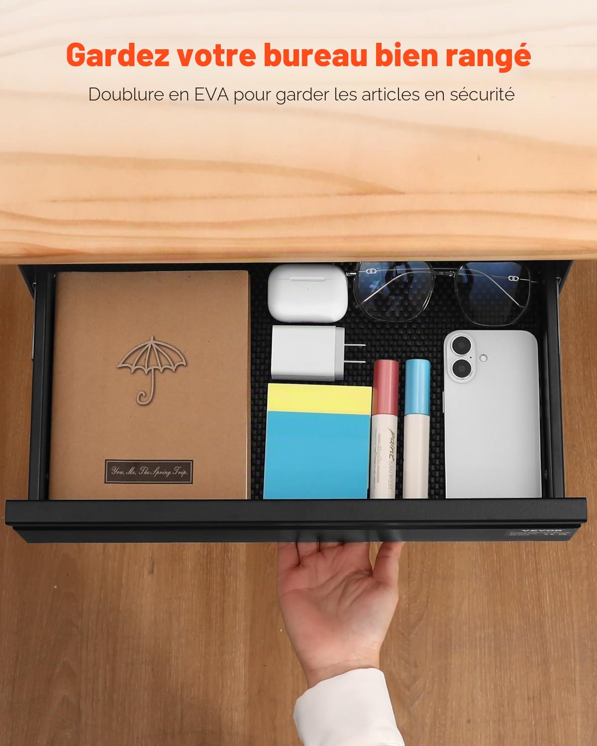 VEVOR Tiroir Coulissant sous Bureau, 365x335x250 mm, Tiroir Organisateur de Rangement de Bureau Caché Verrouillable, Capacité de Charge 5 kg, pour Maison sous Table, Poste de Travail Assis-Debout