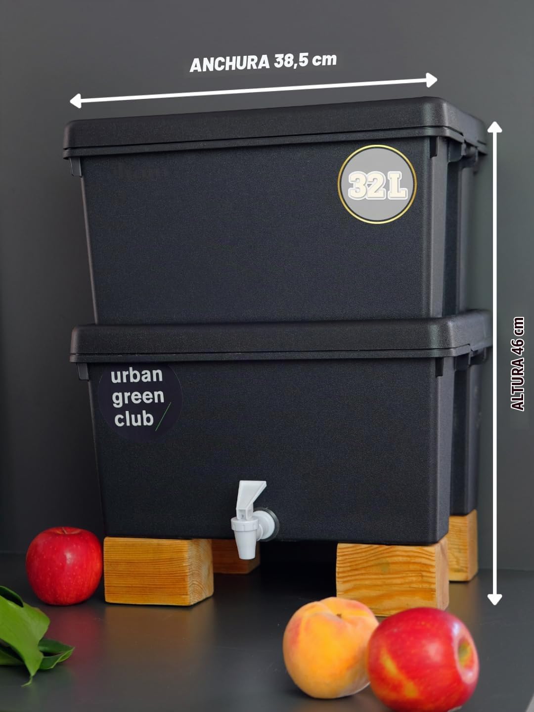 Lombricompostera Domestica 32L de Plastico Reciclado con Grifo Vermicompostaje Natural para Restos Organicos Cocina Balcon Terraza Compostaje Limpio con Diseño Compacto Fabricada en España