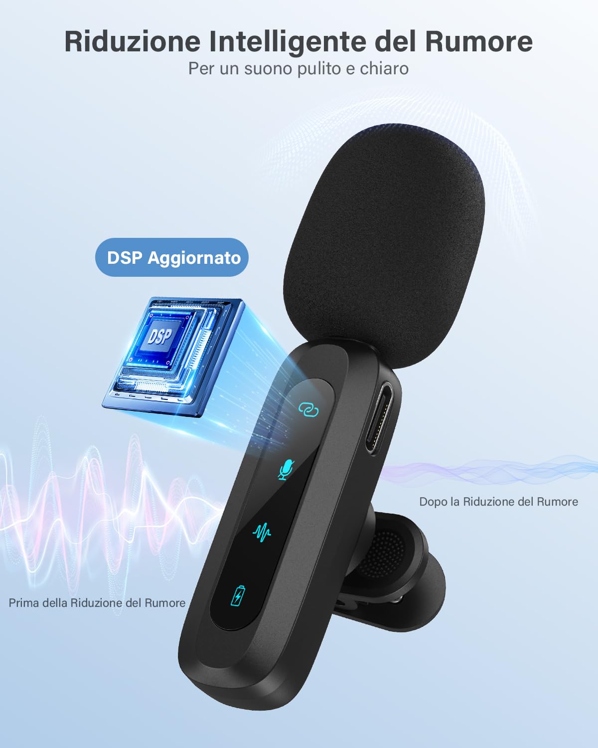 Microfono Lavalier Wireless per iPhone, iPad, Telefoni Android, Microfono Wireless con Riduzione del Rumore, Accoppiamento Automatico, Mute e Riverbero per Vlogging e Registrazione Video