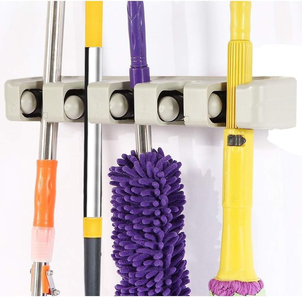 Newest Mop Broom Holder Hidden Hooks Design Garden Wall Mounted Tools Commercial Organizer Saving Space Storage Rack for Kitchen Garden and Garage,Laundry Offices(5 Position with 6 Hooks)