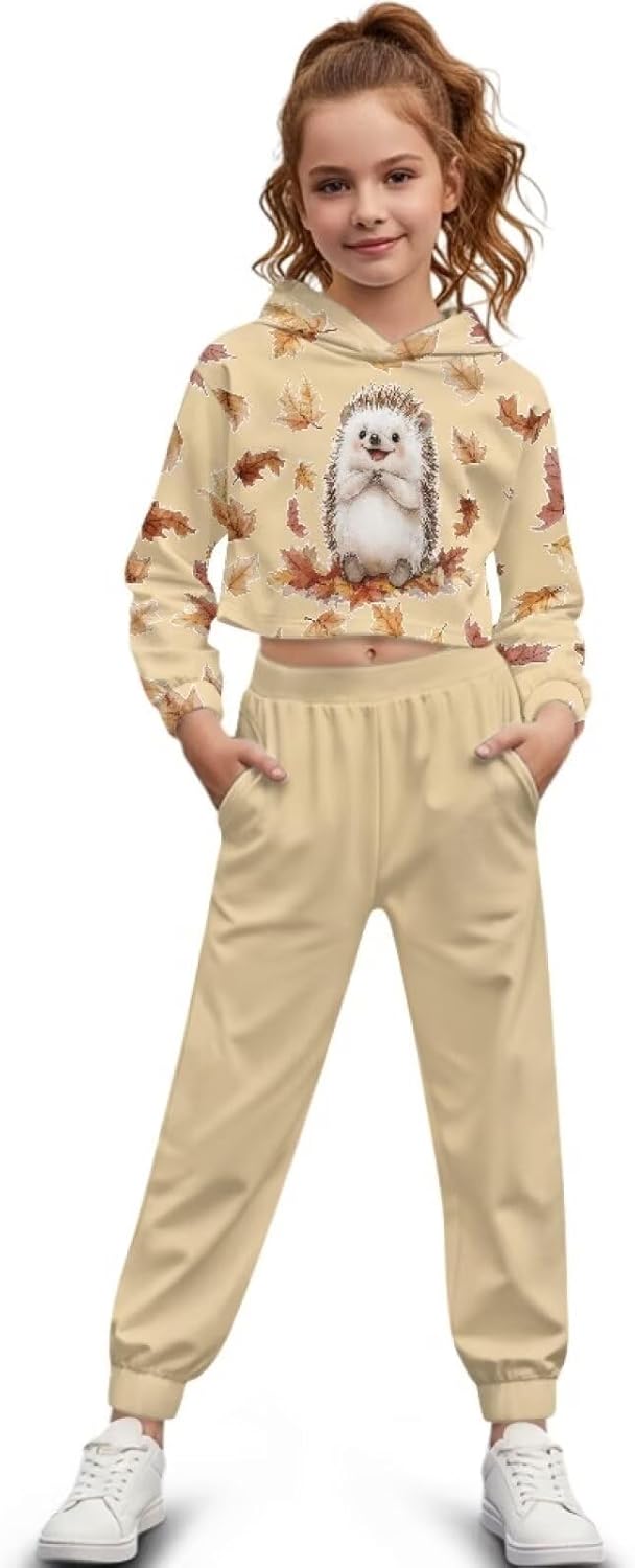 Girls Clothing Sets Cute Sweat Set Size 4-13 Fashion Animal Hoodie Kids Crop Top Tapered Pants Fall Winter Spring