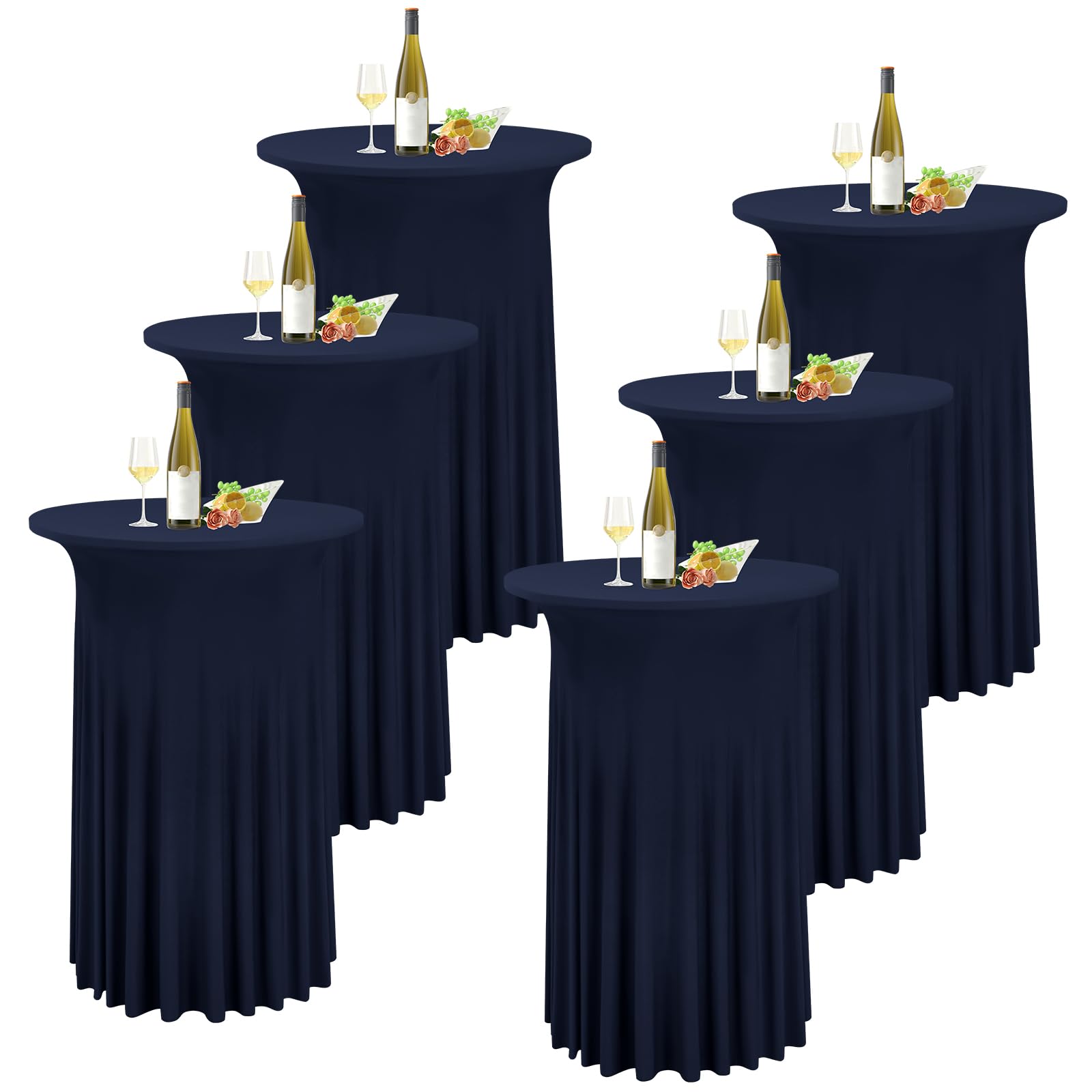 Photo 1 of REWOMC 6 Packs Round Cocktail Table Skirt 32"x 43" Spandex Stretch Cocktail Tablecloth with Wavy Drapes, Navy Blue Spandex Fitted High Top Table Covers for Wedding Bar Party Birthday Banquet Tables