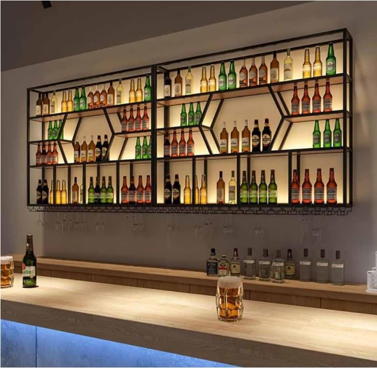 Botellero LED montado en la pared para botellas y vidrio, estantes flotantes de metal, copa colgante para el hogar, restaurante, bares (tamaño: 120 x 20 x 125 cm, color: negro-a)