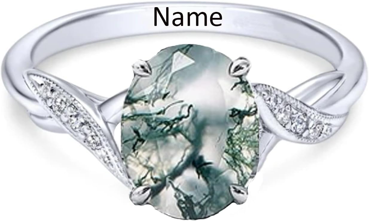 Natural Moss Agate Ring for Women Solid 925 Sterling Silver Green Moss Agate Engagement Ring, Custom Engraved Name Wedding Bands for Her