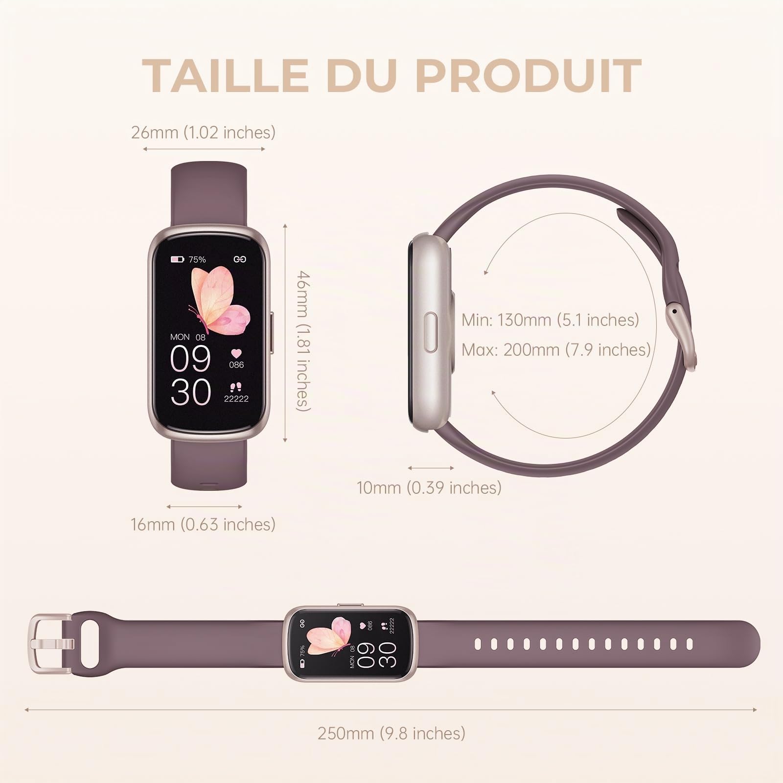 Montre Connectée Femme Homme Petit, 1,47'' Bracelet Connecté avec Fréquence Cardiaque, SpO2, Suivi Sommeil, Montre Podometre, Etanche 3ATM Smartwatch pour Android iOS, Or Rose Mat/Violet Fumé