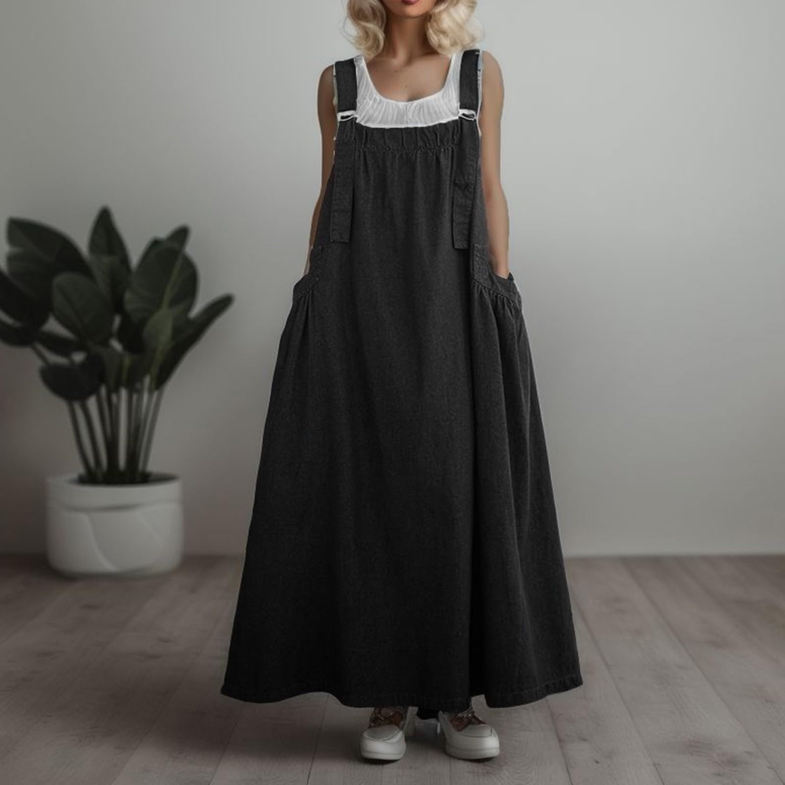 Robe en Jeans Jupe Salopette Femme Grande Taille Maxi Robe Été Vintage Robe en Denim Chic et Élegant Jarretelles Jupe Longue Robe avec Boutons Salopette Longue à Bretelle sans Manche