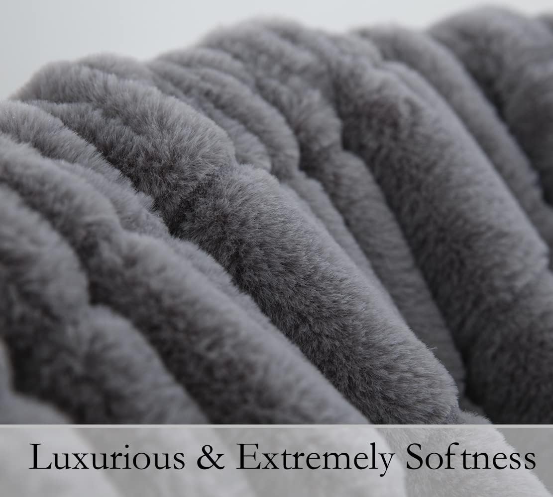 Faux Fur Blankets Soft Premium, Fluffy & Dense, Solid Striped Throw for Winter, Season Decoration (60"x 80", Gray)