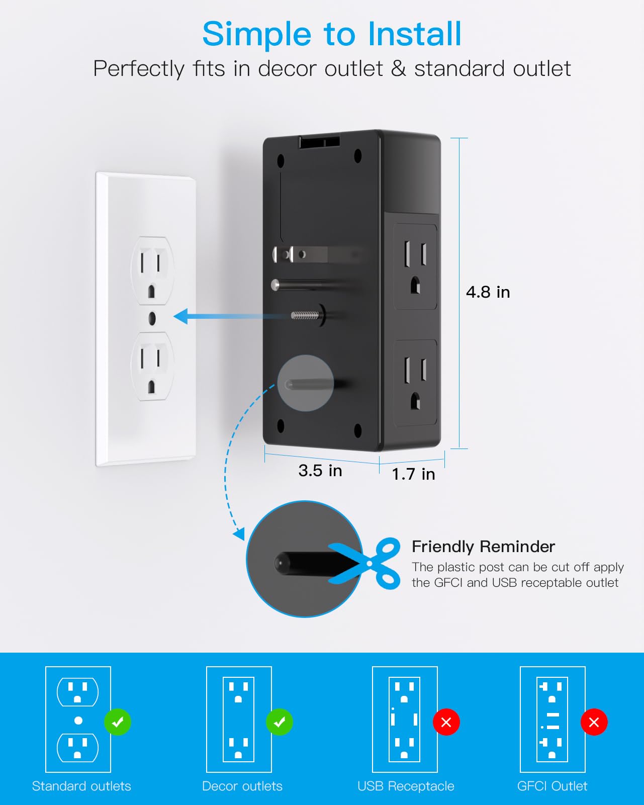 Regleta Protectora Contra Sobretensiones Con USB-C (3.0A), Cable De Extensión Plano De 5 Pies, Regleta De Alimentación Con 3 Tomas, 3 Puertos USB (5V/3.4A), Estación De Carga De Escritorio, Compacta