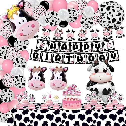 Cow Party Decorations, Cow Print Birthday Decorations Include Pink Cow Balloon Garland Arch Kit Tablecloth Happy Birthday Banner Toppers Balloons For Farm Cow Themed Birthday Party Supplies For Girl #TOP27