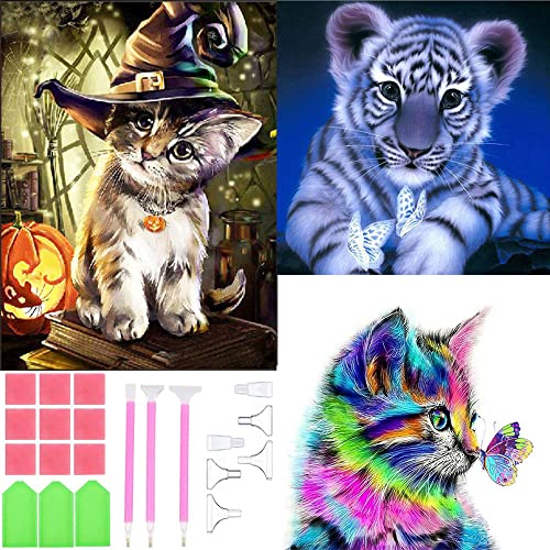 Basicon 3 Pack DIY 5D Diamant Peinture Point De Croix Broderie, Chat et tigre Broderie Diamant Kit Complet Diamond Painting Broderie Kit pour Enfant Home Décoration Murale