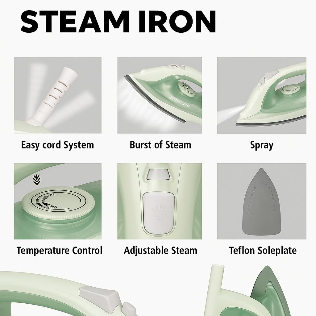 J&V TEXTILES Steam Iron with Ceramic Soleplate, Adjustable Temperature Control, Burst Steam Function, Anti-Calc System, Self-Clean Feature for All Fabrics (Green)