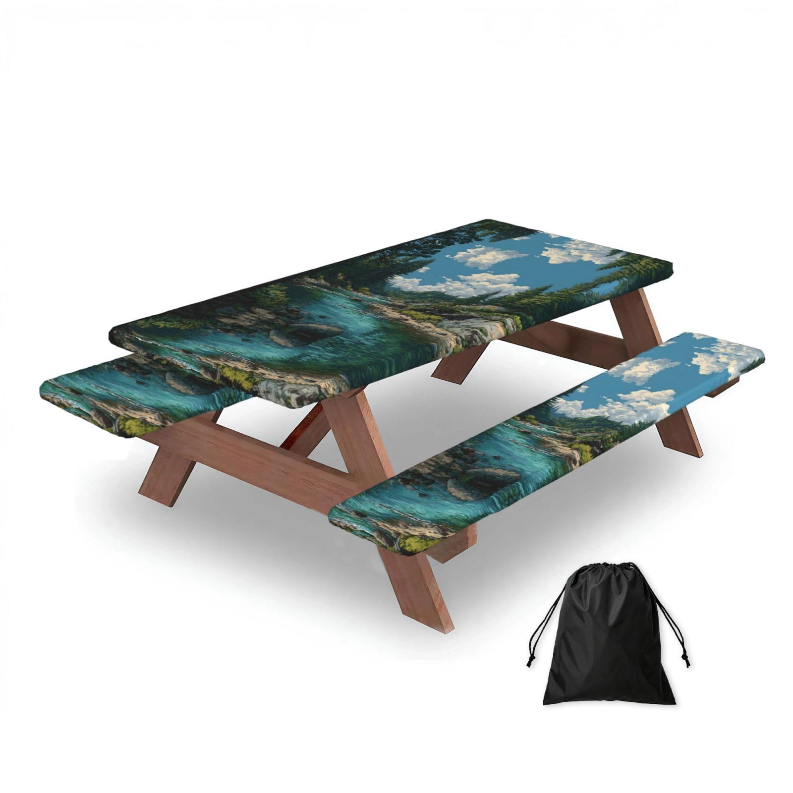 ESNAIUVCD River Print Picnic Table Cover With Bench Covers,Camping Essentials,Fitted Tablecloth Cover With Elastic Edge, For Indoor & Outdoor 3 Pcs