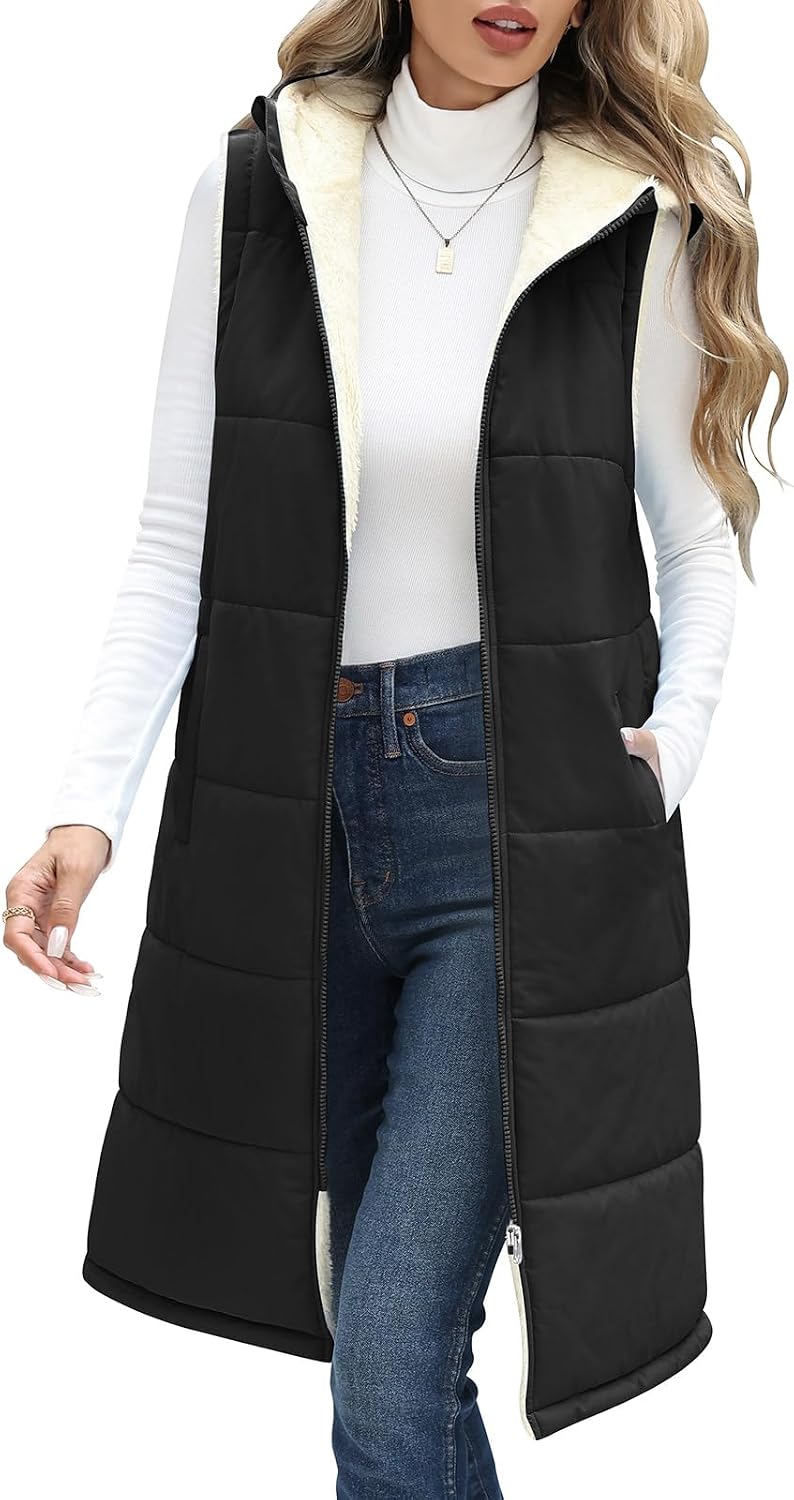 HEEKPEK Womens Fleece Vest Long Sleeveless Hooded Zip Up Jackets Sherpa Warm Fall Winter 2025 Vests Outerwear with Pockets